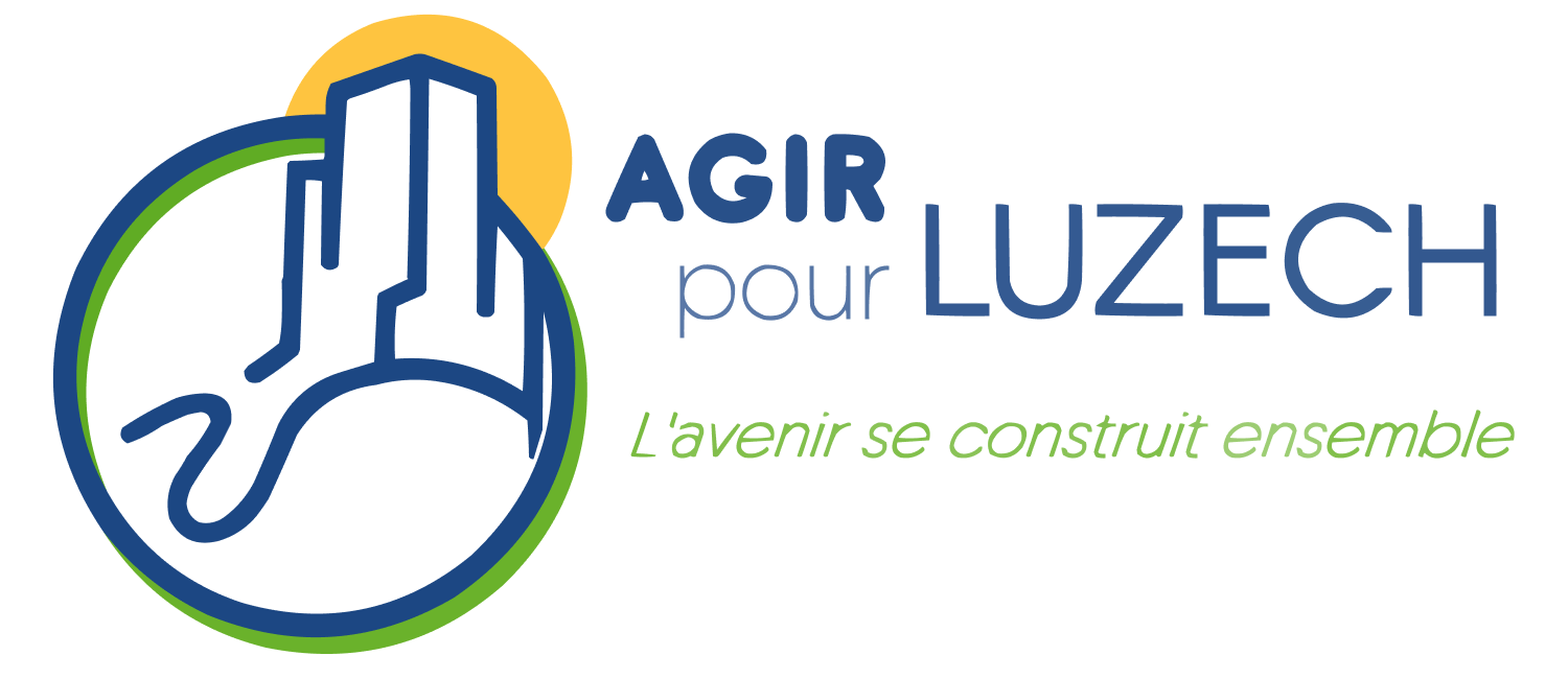 La bannière Agir pour Luzech 2026 représente la tour de l'impernal avec le soleil en arrière plan et la rivière du Lot.